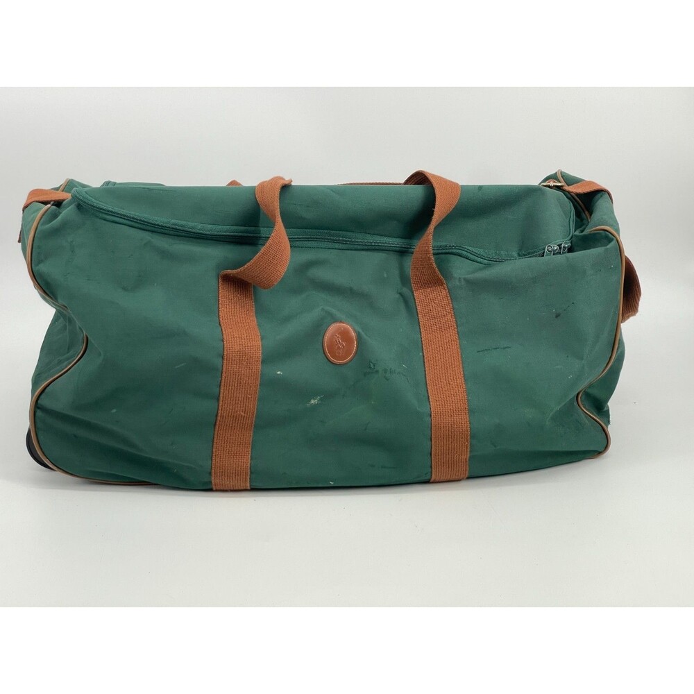 Vintage Ralph Lauren Polo Green Canvas Travel Bag Large Rolling Duffle wheels